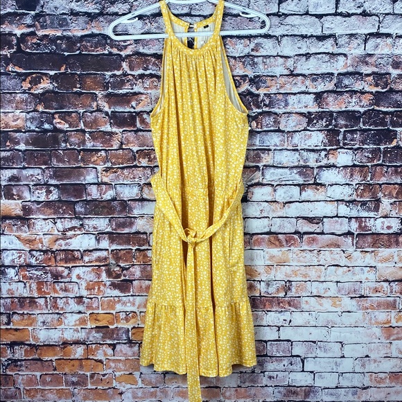 Newshows Yellow Floral Halter Ruffle Sundress Mini Dress with Pockets Sz L - Picture 4 of 9